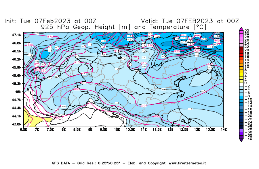 Mappa di analisi GFS - Geopotenziale [m] e Temperatura [°C] a 925 hPa in Nord-Italia
							del 07/02/2023 00 <!--googleoff: index-->UTC<!--googleon: index-->