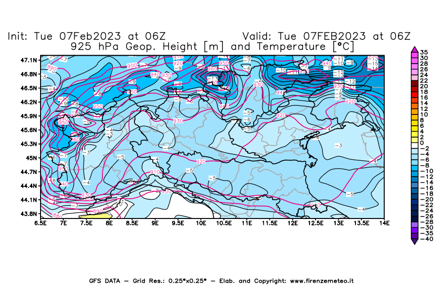 Mappa di analisi GFS - Geopotenziale [m] e Temperatura [°C] a 925 hPa in Nord-Italia
							del 07/02/2023 06 <!--googleoff: index-->UTC<!--googleon: index-->
