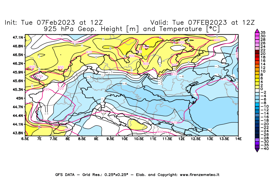 Mappa di analisi GFS - Geopotenziale [m] e Temperatura [°C] a 925 hPa in Nord-Italia
							del 07/02/2023 12 <!--googleoff: index-->UTC<!--googleon: index-->