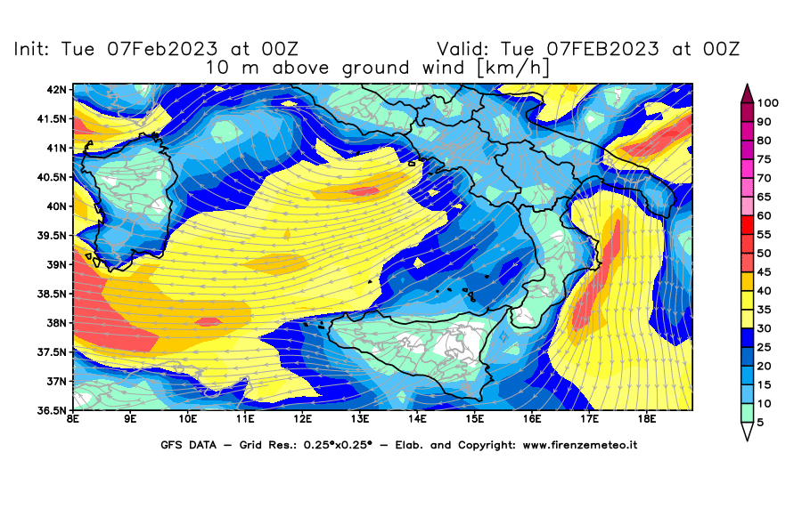 Mappa di analisi GFS - Velocità del vento a 10 metri dal suolo [km/h] in Sud-Italia
							del 07/02/2023 00 <!--googleoff: index-->UTC<!--googleon: index-->
