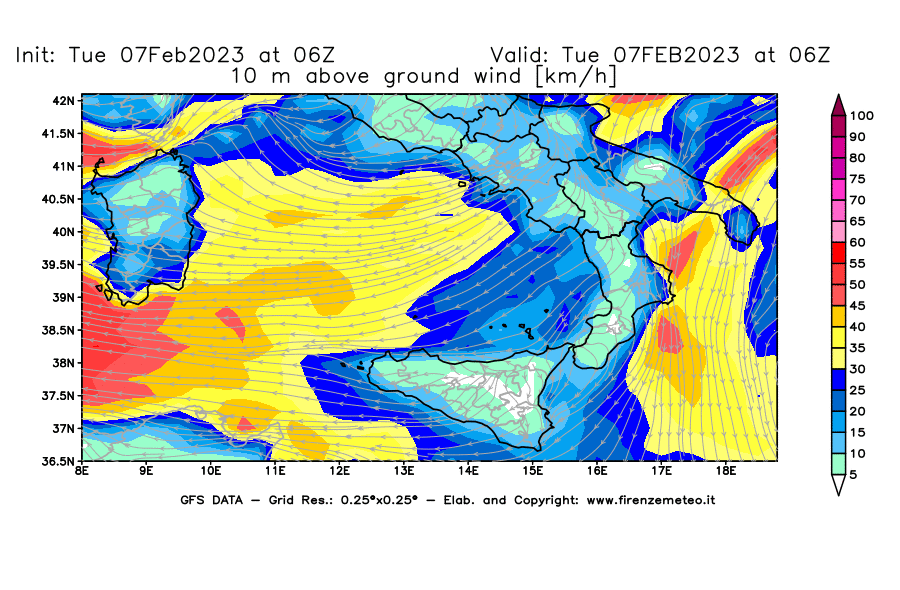 Mappa di analisi GFS - Velocità del vento a 10 metri dal suolo [km/h] in Sud-Italia
							del 07/02/2023 06 <!--googleoff: index-->UTC<!--googleon: index-->
