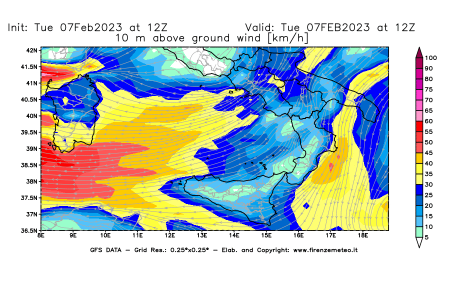 Mappa di analisi GFS - Velocità del vento a 10 metri dal suolo [km/h] in Sud-Italia
							del 07/02/2023 12 <!--googleoff: index-->UTC<!--googleon: index-->