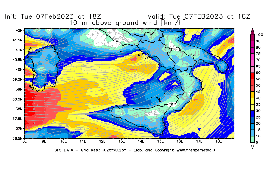 Mappa di analisi GFS - Velocità del vento a 10 metri dal suolo [km/h] in Sud-Italia
							del 07/02/2023 18 <!--googleoff: index-->UTC<!--googleon: index-->