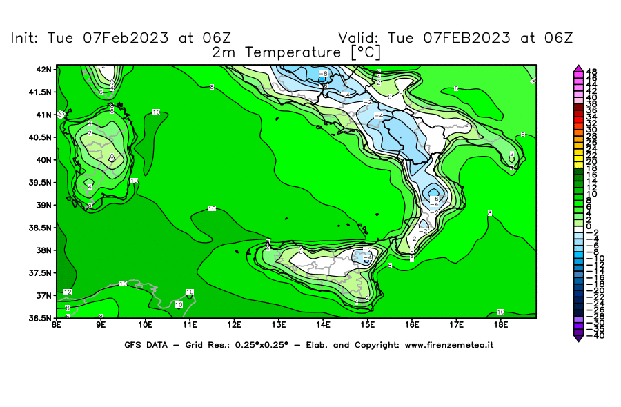 Mappa di analisi GFS - Temperatura a 2 metri dal suolo [°C] in Sud-Italia
							del 07/02/2023 06 <!--googleoff: index-->UTC<!--googleon: index-->