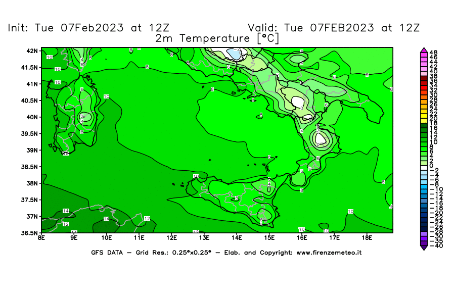 Mappa di analisi GFS - Temperatura a 2 metri dal suolo [°C] in Sud-Italia
							del 07/02/2023 12 <!--googleoff: index-->UTC<!--googleon: index-->