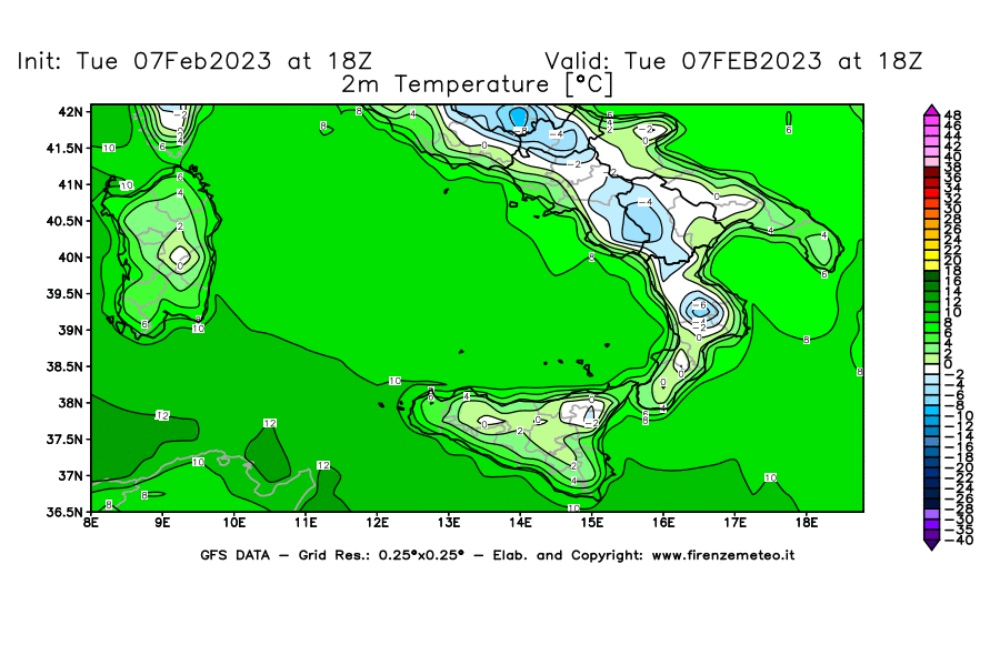 Mappa di analisi GFS - Temperatura a 2 metri dal suolo [°C] in Sud-Italia
							del 07/02/2023 18 <!--googleoff: index-->UTC<!--googleon: index-->