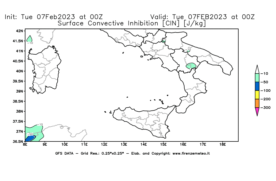 Mappa di analisi GFS - CIN [J/kg] in Sud-Italia
							del 07/02/2023 00 <!--googleoff: index-->UTC<!--googleon: index-->