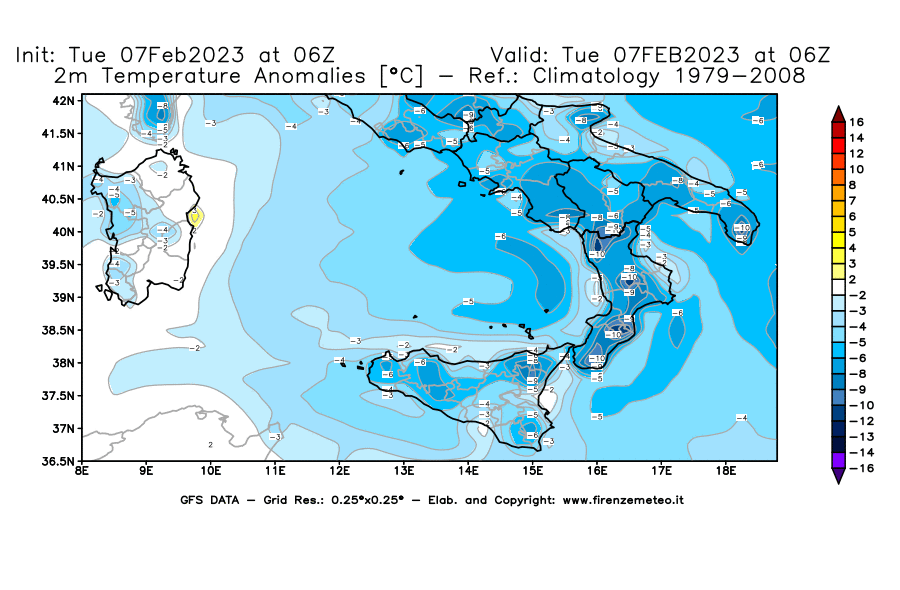 Mappa di analisi GFS - Anomalia Temperatura [°C] a 2 m in Sud-Italia
							del 07/02/2023 06 <!--googleoff: index-->UTC<!--googleon: index-->