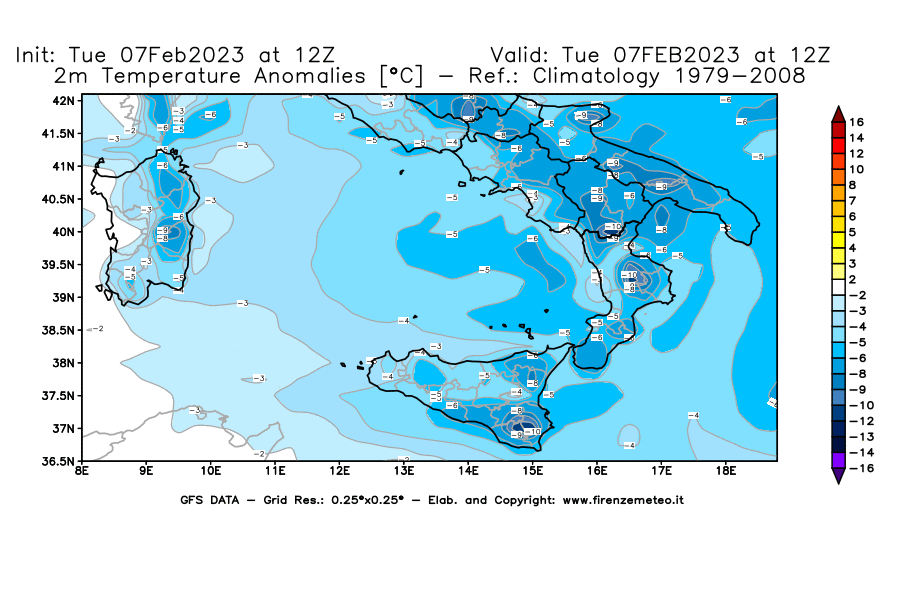 Mappa di analisi GFS - Anomalia Temperatura [°C] a 2 m in Sud-Italia
							del 07/02/2023 12 <!--googleoff: index-->UTC<!--googleon: index-->