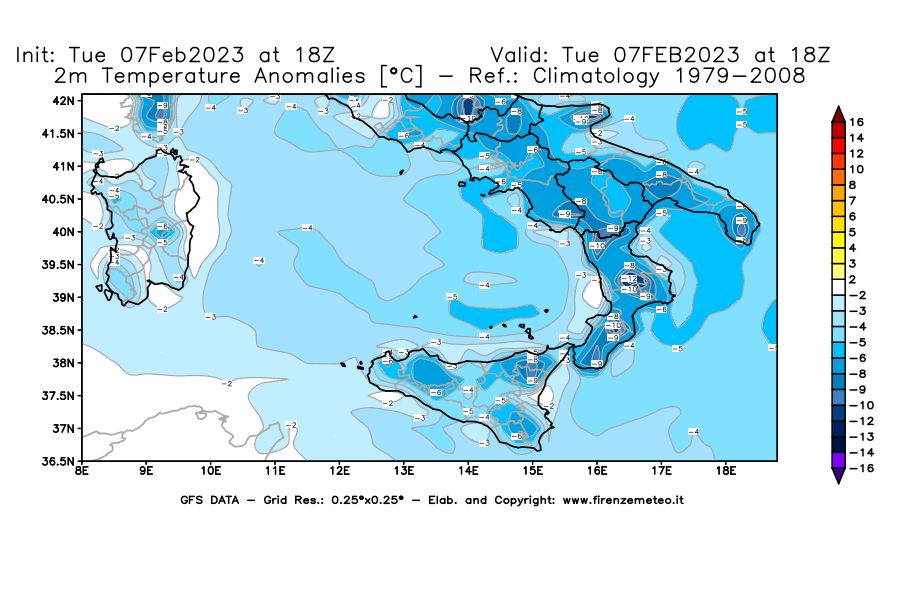 Mappa di analisi GFS - Anomalia Temperatura [°C] a 2 m in Sud-Italia
							del 07/02/2023 18 <!--googleoff: index-->UTC<!--googleon: index-->