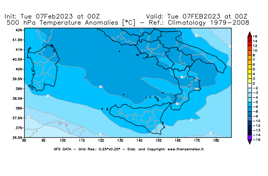 Mappa di analisi GFS - Anomalia Temperatura [°C] a 500 hPa in Sud-Italia
							del 07/02/2023 00 <!--googleoff: index-->UTC<!--googleon: index-->