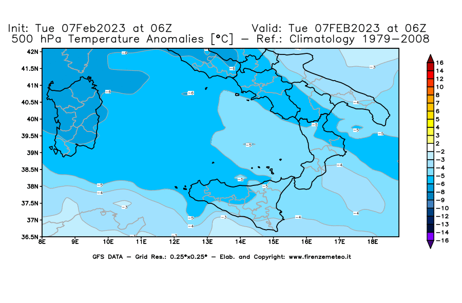 Mappa di analisi GFS - Anomalia Temperatura [°C] a 500 hPa in Sud-Italia
							del 07/02/2023 06 <!--googleoff: index-->UTC<!--googleon: index-->
