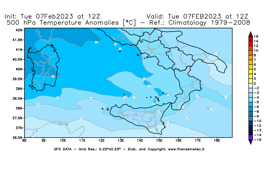 Mappa di analisi GFS - Anomalia Temperatura [°C] a 500 hPa in Sud-Italia
							del 07/02/2023 12 <!--googleoff: index-->UTC<!--googleon: index-->