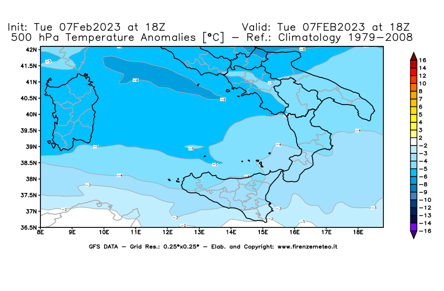Mappa di analisi GFS - Anomalia Temperatura [°C] a 500 hPa in Sud-Italia
							del 07/02/2023 18 <!--googleoff: index-->UTC<!--googleon: index-->