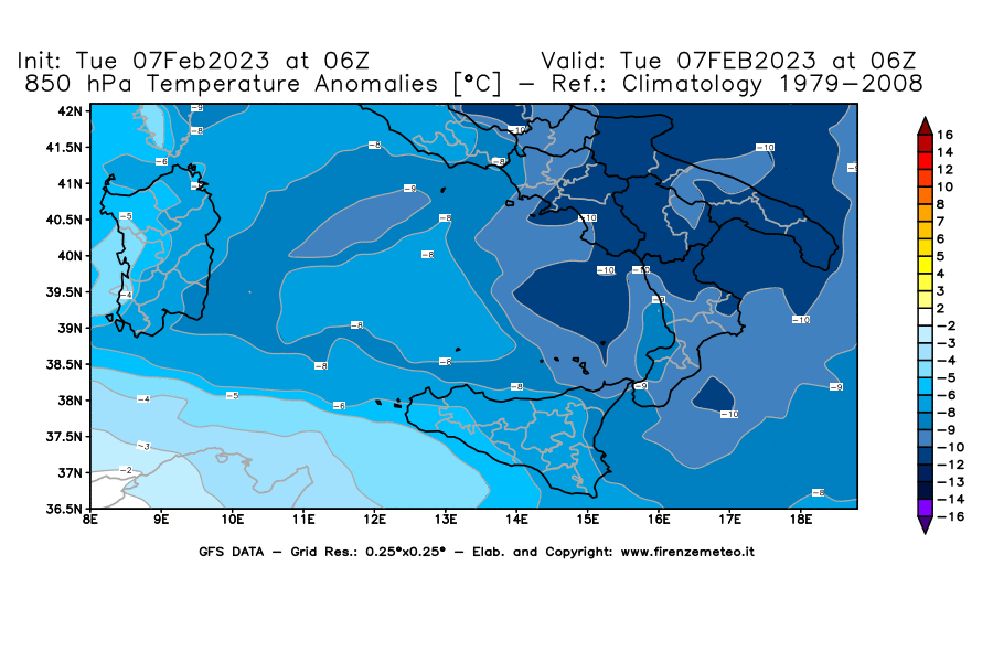 Mappa di analisi GFS - Anomalia Temperatura [°C] a 850 hPa in Sud-Italia
							del 07/02/2023 06 <!--googleoff: index-->UTC<!--googleon: index-->