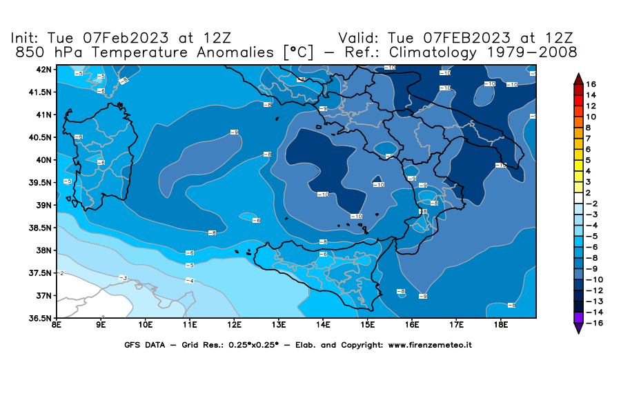 Mappa di analisi GFS - Anomalia Temperatura [°C] a 850 hPa in Sud-Italia
							del 07/02/2023 12 <!--googleoff: index-->UTC<!--googleon: index-->