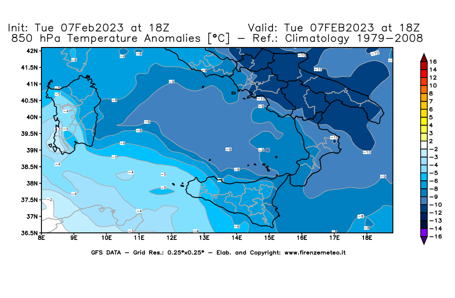 Mappa di analisi GFS - Anomalia Temperatura [°C] a 850 hPa in Sud-Italia
							del 07/02/2023 18 <!--googleoff: index-->UTC<!--googleon: index-->