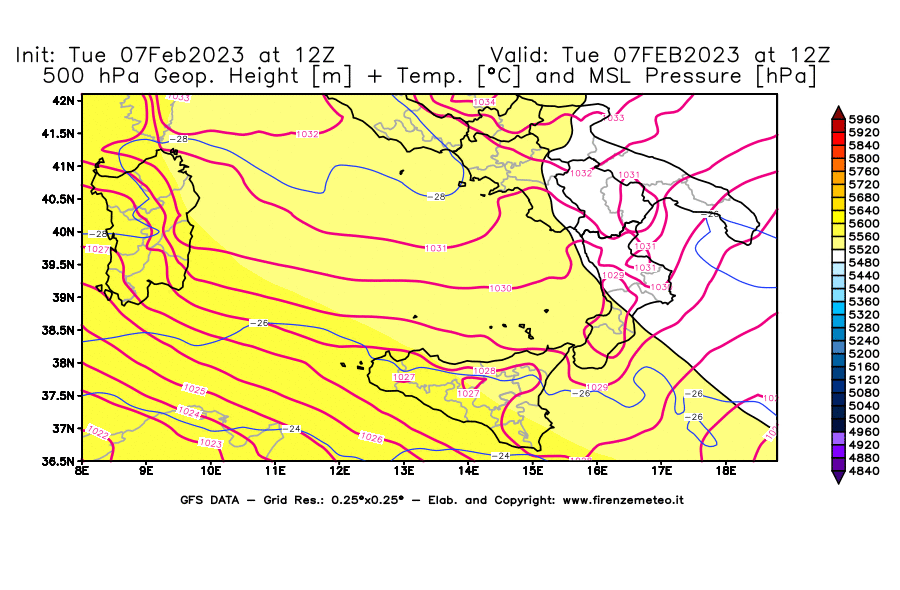 Mappa di analisi GFS - Geopotenziale [m] + Temp. [°C] a 500 hPa + Press. a livello del mare [hPa] in Sud-Italia
							del 07/02/2023 12 <!--googleoff: index-->UTC<!--googleon: index-->