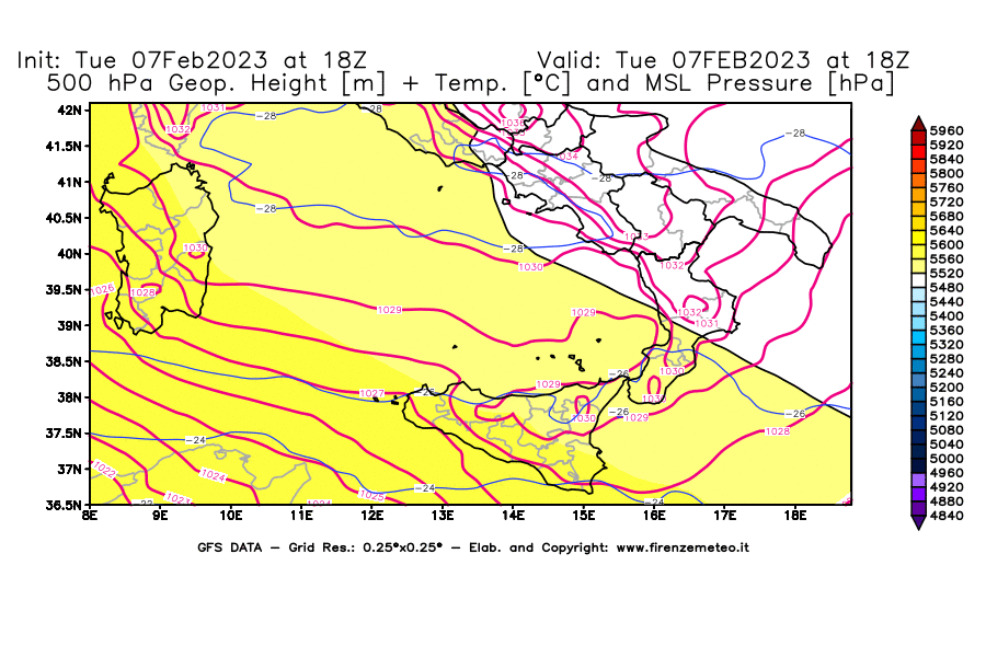 Mappa di analisi GFS - Geopotenziale [m] + Temp. [°C] a 500 hPa + Press. a livello del mare [hPa] in Sud-Italia
							del 07/02/2023 18 <!--googleoff: index-->UTC<!--googleon: index-->