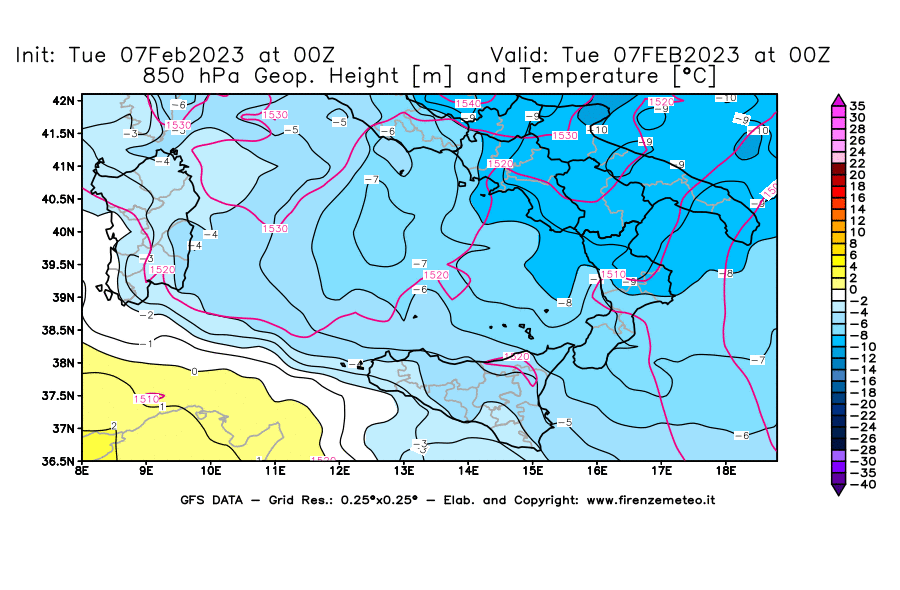 Mappa di analisi GFS - Geopotenziale [m] e Temperatura [°C] a 850 hPa in Sud-Italia
							del 07/02/2023 00 <!--googleoff: index-->UTC<!--googleon: index-->