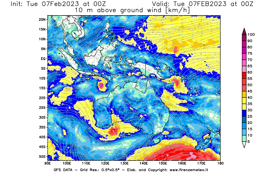 Mappa di analisi GFS - Velocità del vento a 10 metri dal suolo in Oceania
							del 7 febbraio 2023 z00