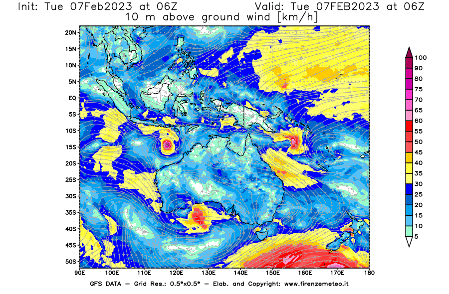 Mappa di analisi GFS - Velocità del vento a 10 metri dal suolo in Oceania
							del 7 febbraio 2023 z06