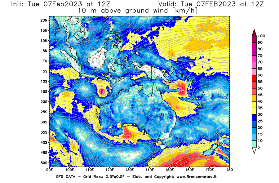 Mappa di analisi GFS - Velocità del vento a 10 metri dal suolo [km/h] in Oceania
							del 07/02/2023 12 <!--googleoff: index-->UTC<!--googleon: index-->