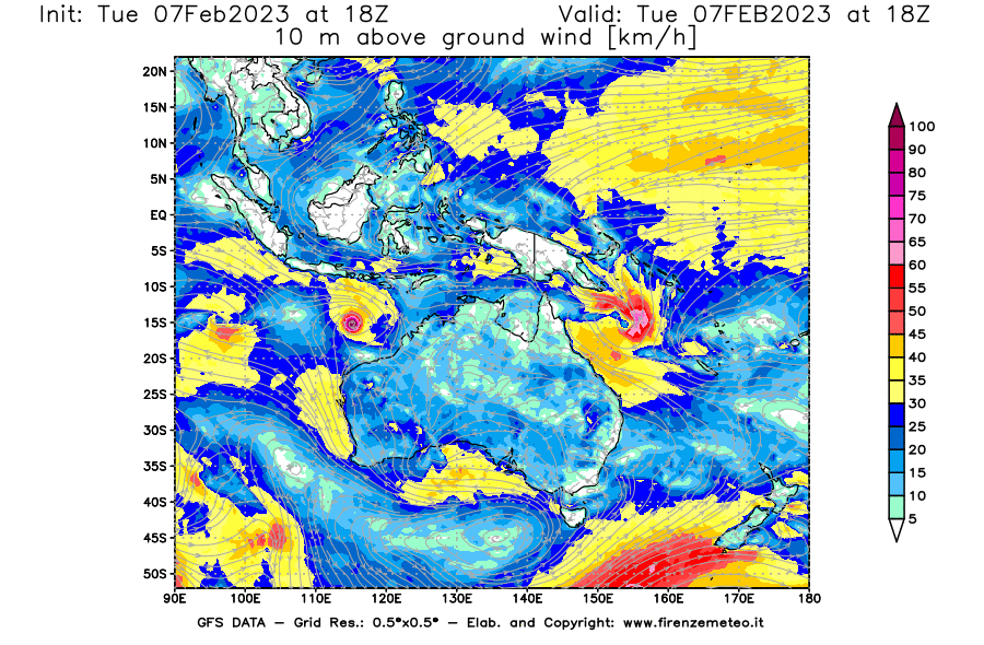 Mappa di analisi GFS - Velocità del vento a 10 metri dal suolo in Oceania
							del 7 febbraio 2023 z18