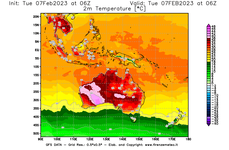 Mappa di analisi GFS - Temperatura a 2 metri dal suolo [°C] in Oceania
							del 07/02/2023 06 <!--googleoff: index-->UTC<!--googleon: index-->