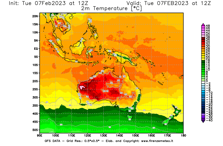 Mappa di analisi GFS - Temperatura a 2 metri dal suolo [°C] in Oceania
							del 07/02/2023 12 <!--googleoff: index-->UTC<!--googleon: index-->