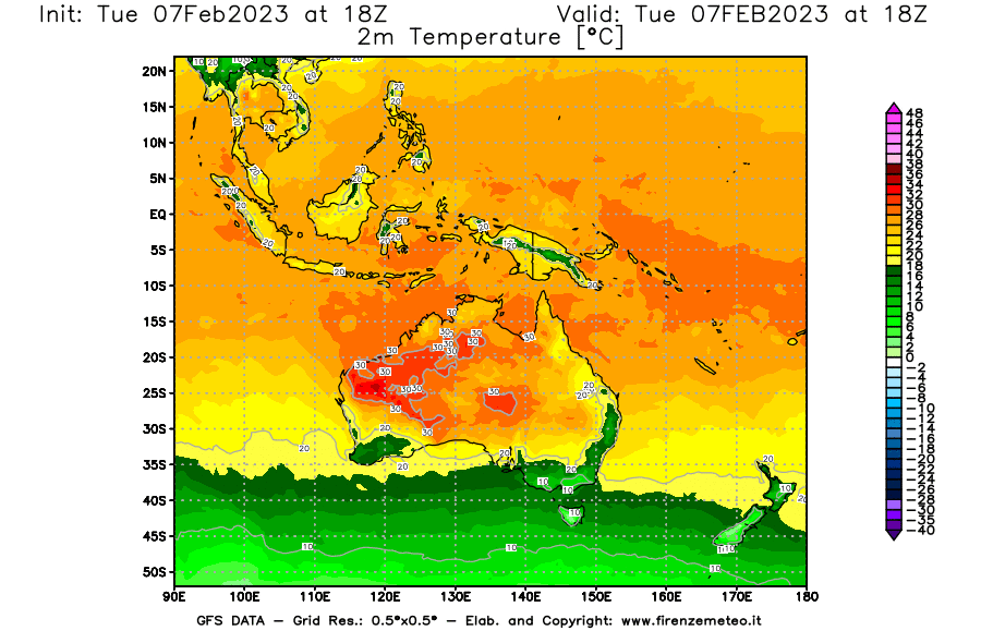 Mappa di analisi GFS - Temperatura a 2 metri dal suolo [°C] in Oceania
							del 07/02/2023 18 <!--googleoff: index-->UTC<!--googleon: index-->