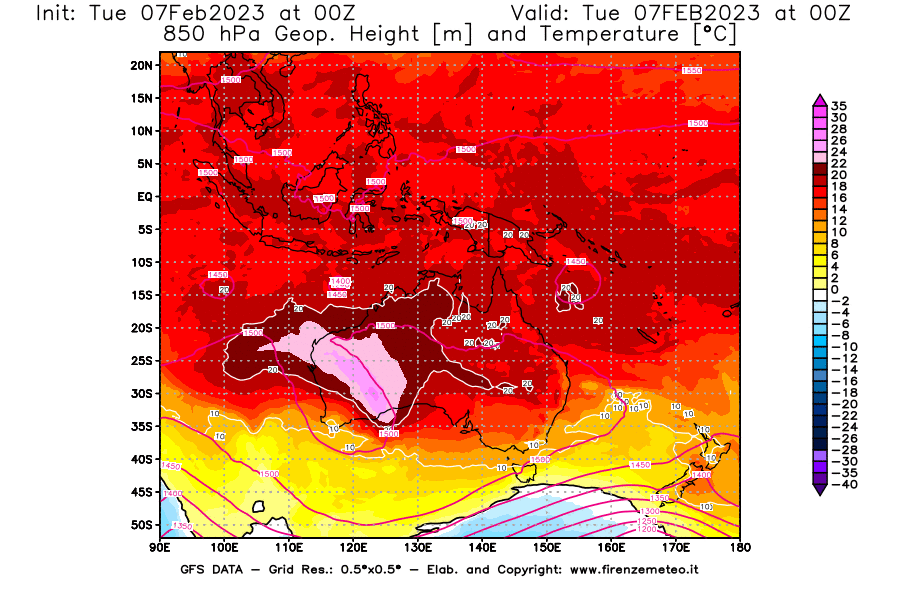 Mappa di analisi GFS - Geopotenziale [m] e Temperatura [°C] a 850 hPa in Oceania
							del 07/02/2023 00 <!--googleoff: index-->UTC<!--googleon: index-->