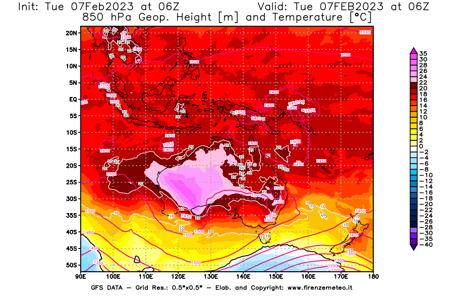 Mappa di analisi GFS - Geopotenziale [m] e Temperatura [°C] a 850 hPa in Oceania
							del 07/02/2023 06 <!--googleoff: index-->UTC<!--googleon: index-->