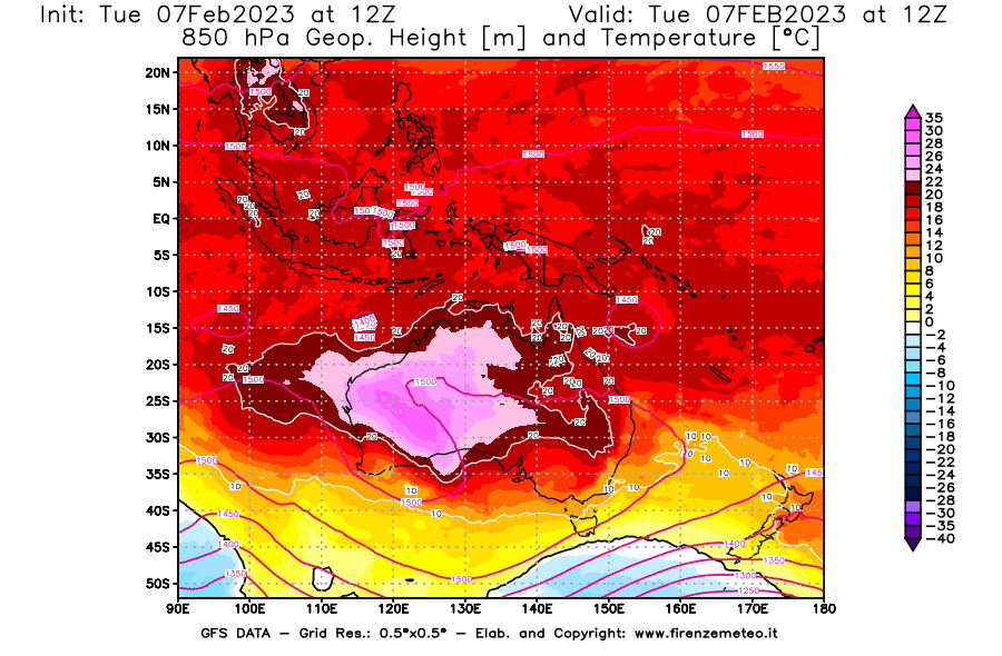 Mappa di analisi GFS - Geopotenziale [m] e Temperatura [°C] a 850 hPa in Oceania
							del 07/02/2023 12 <!--googleoff: index-->UTC<!--googleon: index-->