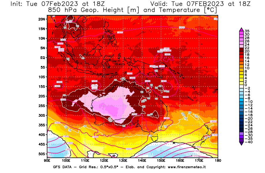 Mappa di analisi GFS - Geopotenziale [m] e Temperatura [°C] a 850 hPa in Oceania
							del 07/02/2023 18 <!--googleoff: index-->UTC<!--googleon: index-->