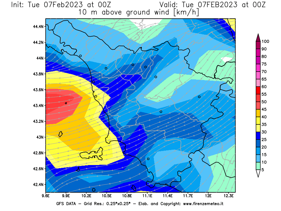 Mappa di analisi GFS - Velocità del vento a 10 metri dal suolo [km/h] in Toscana
							del 07/02/2023 00 <!--googleoff: index-->UTC<!--googleon: index-->