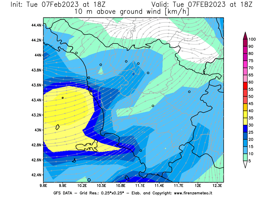 Mappa di analisi GFS - Velocità del vento a 10 metri dal suolo [km/h] in Toscana
							del 07/02/2023 18 <!--googleoff: index-->UTC<!--googleon: index-->