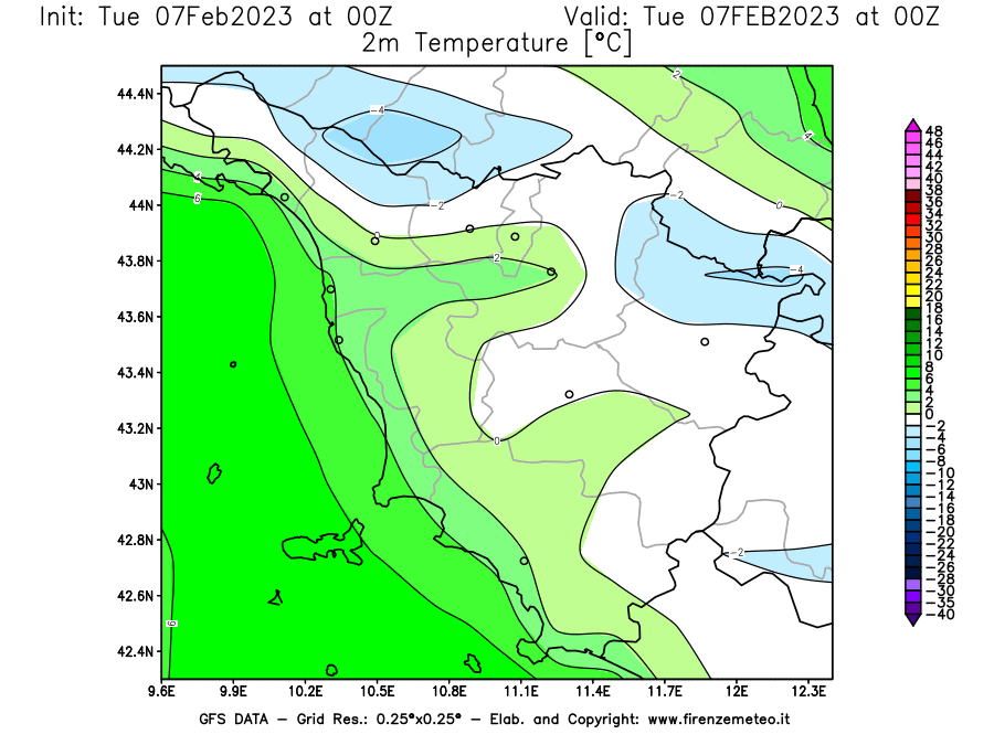 Mappa di analisi GFS - Temperatura a 2 metri dal suolo [°C] in Toscana
							del 07/02/2023 00 <!--googleoff: index-->UTC<!--googleon: index-->