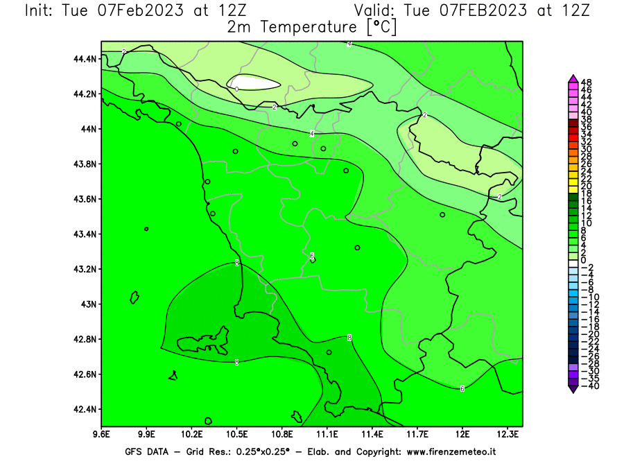 Mappa di analisi GFS - Temperatura a 2 metri dal suolo [°C] in Toscana
							del 07/02/2023 12 <!--googleoff: index-->UTC<!--googleon: index-->