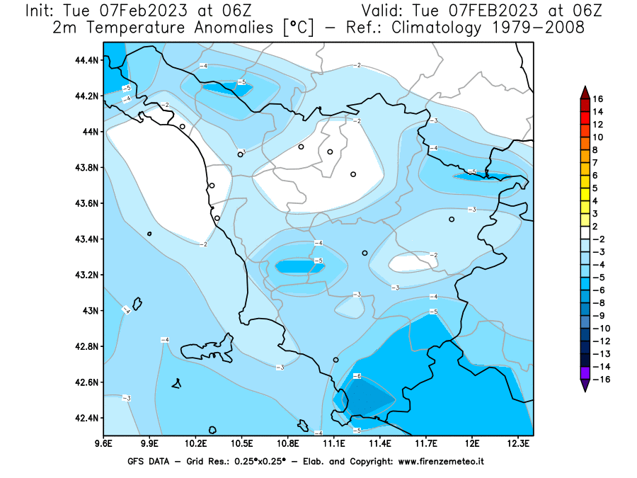 Mappa di analisi GFS - Anomalia Temperatura [°C] a 2 m in Toscana
							del 07/02/2023 06 <!--googleoff: index-->UTC<!--googleon: index-->