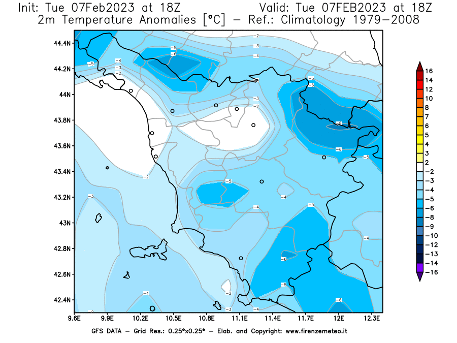 Mappa di analisi GFS - Anomalia Temperatura [°C] a 2 m in Toscana
							del 07/02/2023 18 <!--googleoff: index-->UTC<!--googleon: index-->
