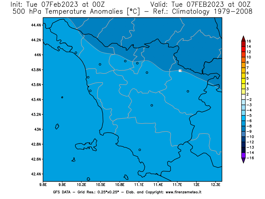 Mappa di analisi GFS - Anomalia Temperatura [°C] a 500 hPa in Toscana
							del 07/02/2023 00 <!--googleoff: index-->UTC<!--googleon: index-->