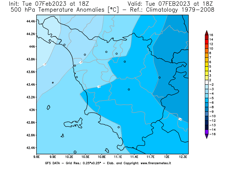 Mappa di analisi GFS - Anomalia Temperatura [°C] a 500 hPa in Toscana
							del 07/02/2023 18 <!--googleoff: index-->UTC<!--googleon: index-->