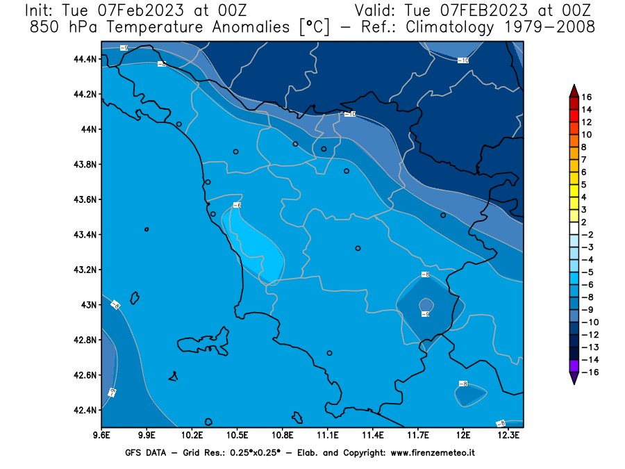 Mappa di analisi GFS - Anomalia Temperatura [°C] a 850 hPa in Toscana
							del 07/02/2023 00 <!--googleoff: index-->UTC<!--googleon: index-->