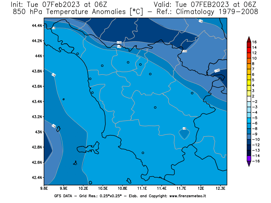 Mappa di analisi GFS - Anomalia Temperatura [°C] a 850 hPa in Toscana
							del 07/02/2023 06 <!--googleoff: index-->UTC<!--googleon: index-->