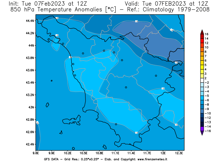 Mappa di analisi GFS - Anomalia Temperatura a 850 hPa in Toscana
							del 7 febbraio 2023 z12