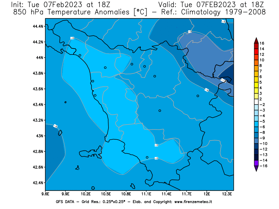 Mappa di analisi GFS - Anomalia Temperatura [°C] a 850 hPa in Toscana
							del 07/02/2023 18 <!--googleoff: index-->UTC<!--googleon: index-->