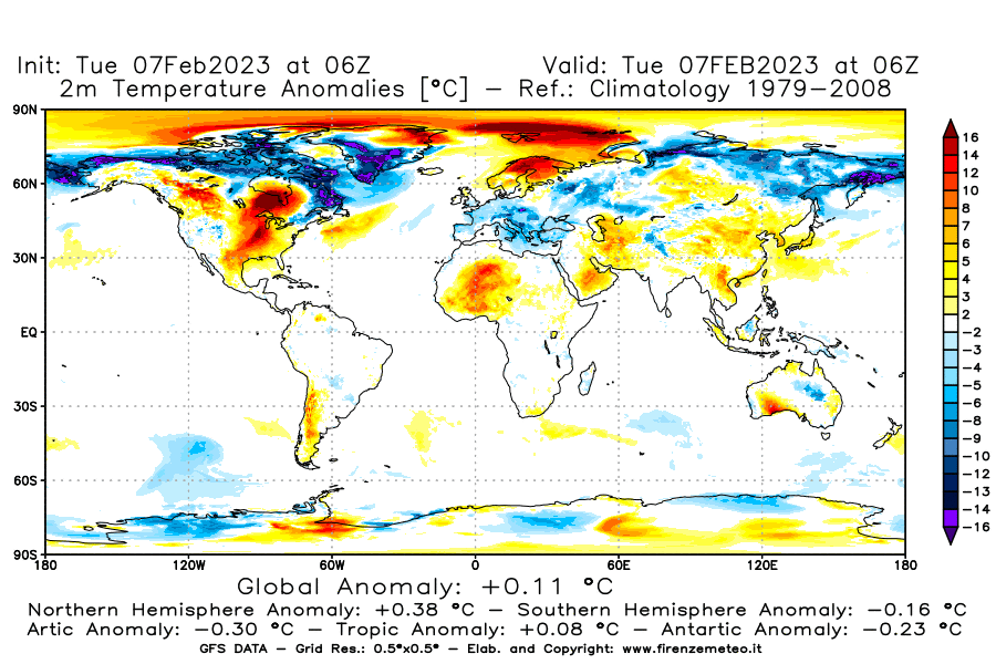 Mappa di analisi GFS - Anomalia Temperatura a 2 m in World
							del 7 febbraio 2023 z06