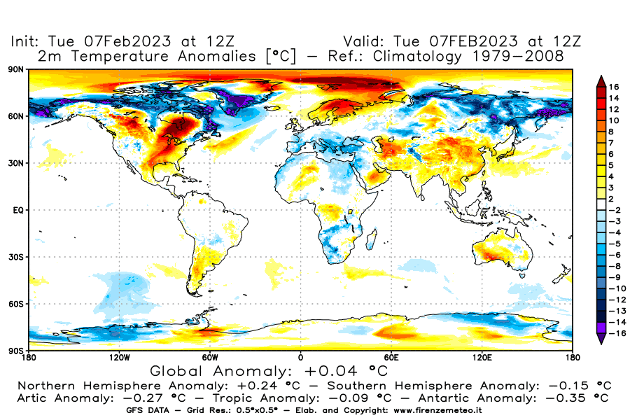 Mappa di analisi GFS - Anomalia Temperatura a 2 m in World
							del 7 febbraio 2023 z12