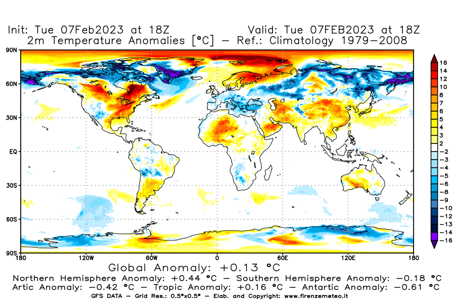 Mappa di analisi GFS - Anomalia Temperatura a 2 m in World
							del 7 febbraio 2023 z18